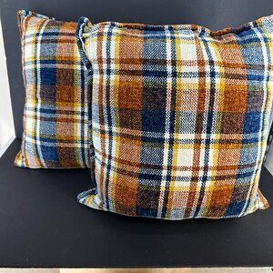 2 Mainstays Navy &Orange Plaid Throw Pillow 18x18 Soft Chenille Like 70s style